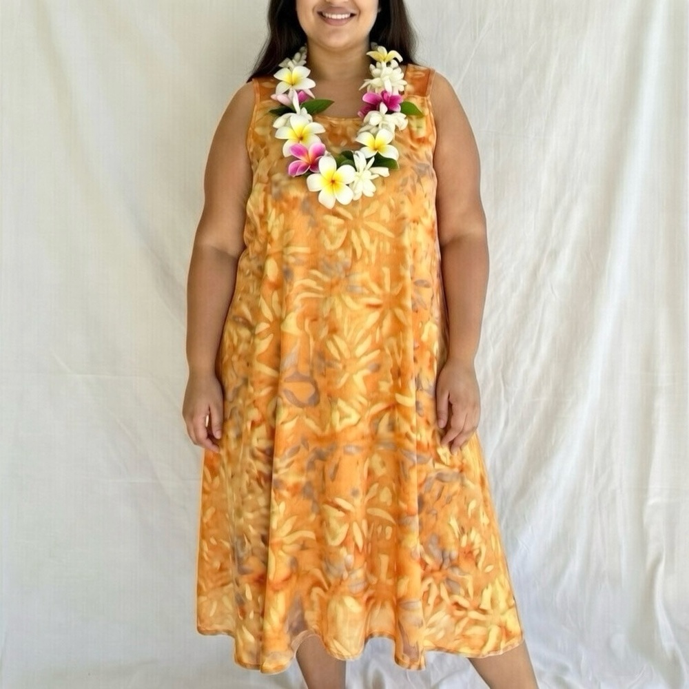 Tropical Earth Tones Island Wear Handmade Batik Midi Sundress Orange Floral - Picture 4 of 8